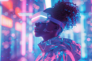 A dynamic collection of futuristic clothes within the metaverse, featuring interactive virtual try-ons and augmented reality showcases, set against a backdrop of digital urban landscapes - obrazy, fototapety, plakaty