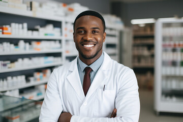 Smiling cheerful confident pharmacist in drugstore store shop Generative AI - obrazy, fototapety, plakaty
