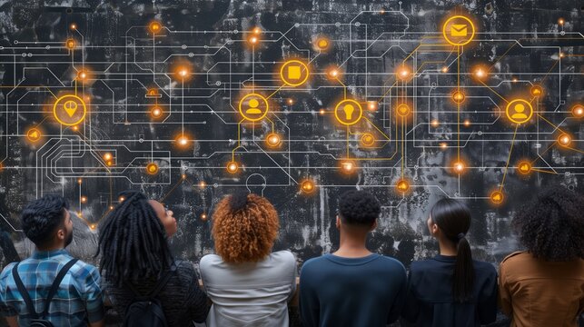 Diverse Group Studies High-Tech Digital Network Map