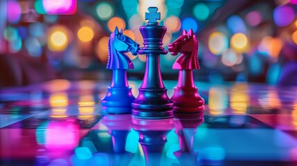 Strategic Chess Game in Vibrant Illuminated Setting
