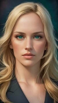 Portrait of a young caucasian woman with natural makeup,  long blonde hair and green eyes