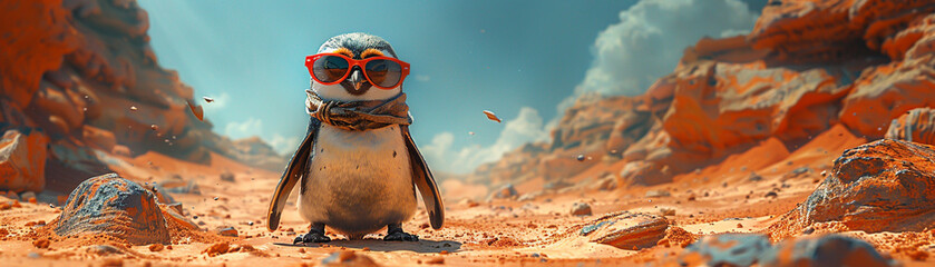 A penguin wearing sunglasses stands on a rocky beach. The scene is bright and sunny, with the penguin looking up at the camera - obrazy, fototapety, plakaty