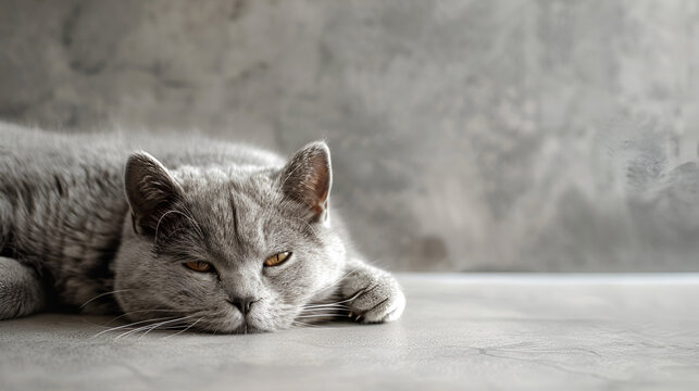 British Shorthair gray cat lying on grey background, generative ai