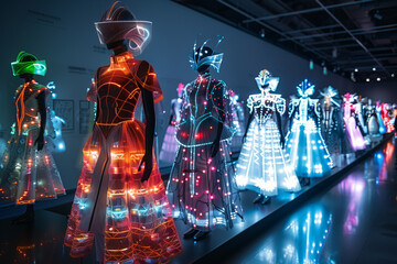 High-end virtual fashion exhibition, with avant-garde outfits that merge traditional luxury with digital innovation, set against the backdrop of a futuristic art gallery, editorial photography style