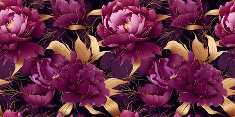 Magenta and golden abstract peony garden flowers, seamless pattern. Floral peony pattern for wallpaper or fabric, textile, clothes, tile, print or any other purpose.