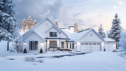 Home exterior with white walls gabled roofs and two glass paned garage doors. House views on a...