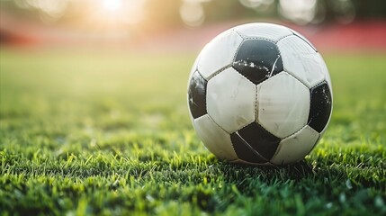 Obraz premium Close-Up of Soccer Ball on Lush Green Field at Sunset