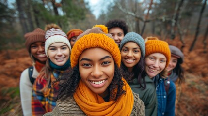 Diverse Group of Friends Enjoying a Fall Hike in the Woods