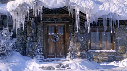 Home exterior with wood wnd stone wall under snowy roof with huge sharp icicles. Front door, transom window, and snoed in hill can also be seen in this winter scenery - obrazy, fototapety, plakaty
