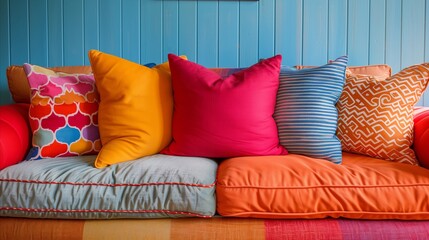 Colorful Assortment of Cushions on Modern Couch Against Blue Wall