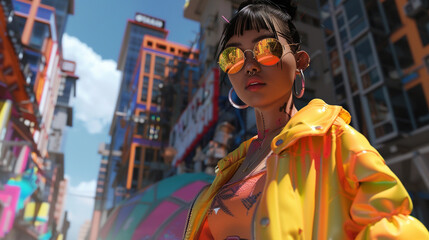 Photorealistic metaverse influencers in cutting-edge streetwear, blending urban aesthetics with digital enhancements, cityscape