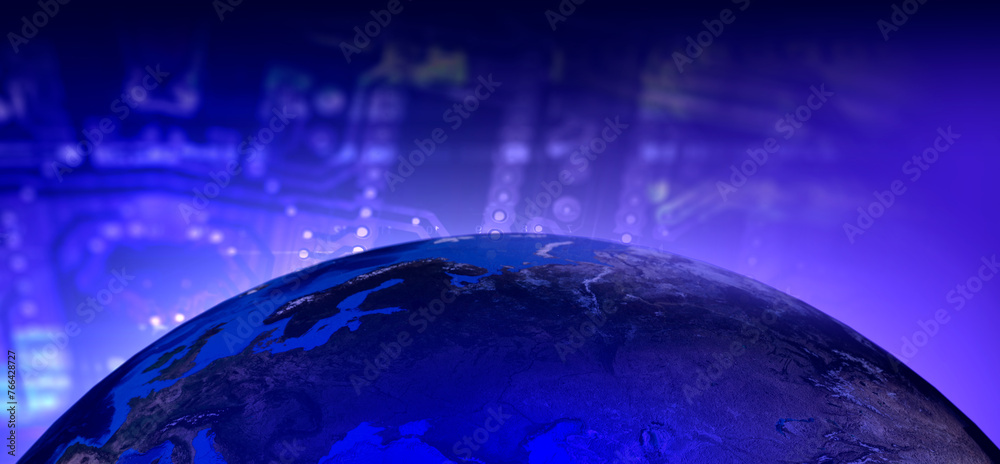 Poster planet earth near computer board. pcb background. globe fragment. horizontal cyber background. compu