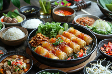 Assorted Traditional Asian Dishes in a Feast.