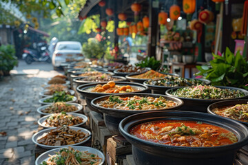 Street food market scene showcasing an array of traditional dishes served in large pots, capturing the essence of local cuisine..