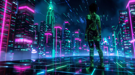 Sleek metaverse fashion, neon glow, digital fabric physics, avatars in futuristic urban landscape, style meets technology
