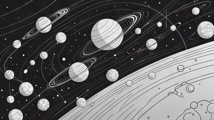 Black and white illustration of the solar system with the orbits of the planets on a dark background with stars. Concept: astronomy and scientific publications, decor for a children's room	