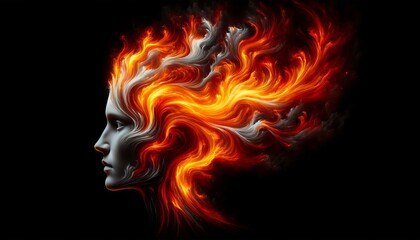 Colorful Illustration of a Fiery Female Profile with Blue and Orange Flames