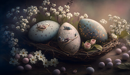 Fototapeta na wymiar The luxurious Easter charm of Easter eggs hidden among delicate spring flowers, bathed in the gentle morning glow, evoking feelings of fascination and admiration.