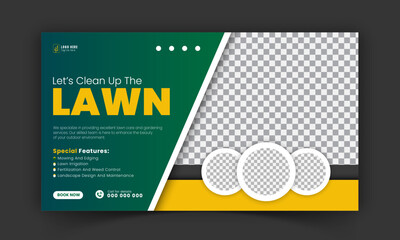 Lawn care and farming service YouTube thumbnail design, modern lawn mower garden, or landscaping service with abstract green and yellow color shapes for social media cover, post, web banner template