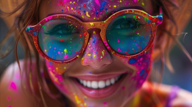 Colorful Holi Celebration Close-Up of a Joyful Woman Wearing Sunglasses