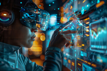 A tech-savvy individual immersed in a virtual reality environment, interacting with futuristic data visualizations and analytics.. - obrazy, fototapety, plakaty