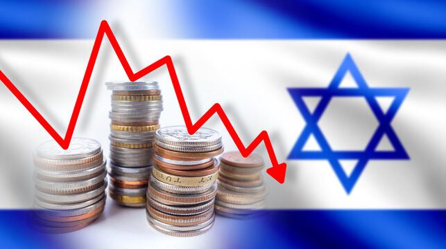 Crisis chart on flag of Israel. Stacks of coins near Israeli symbol. Financial crisis in Israel. Economic collapse. Economic crisis in Israel. Problems in Israeli financial market. Decrease in income