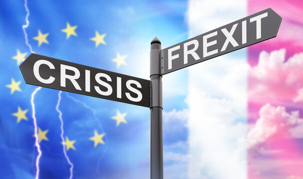 Frexit France from EU. Road indicator flag near lightning. Frexit due to economic crisis. Conflict between France and government of European union. Exit from EU. Frexit index. 3d image