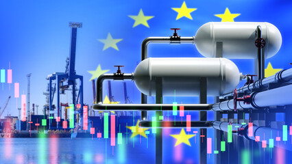 LNG equipment with European Union flag. Port for receiving liquefied gas. Infrastructure for fuel...