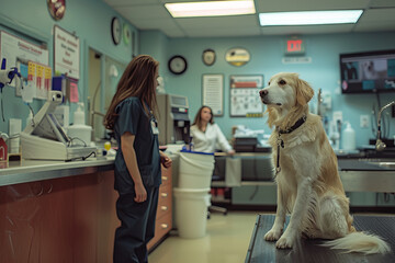 A attentive golden retriever sits on an examination table at a veterinary clinic with healthcare staff in the background..