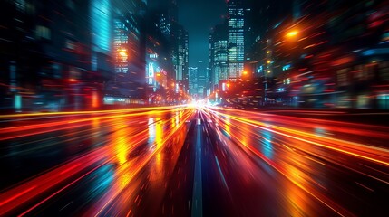 Fototapeta na wymiar City lights blur perspective as a car speeds by, leaving streaks of light in its wake.