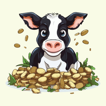 Cartoon Vector Humor Concept Illustration of Cash Cow Saying , cow sitting on cash