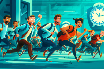 Illustration of a group of people in business attire running frantically in a race against time