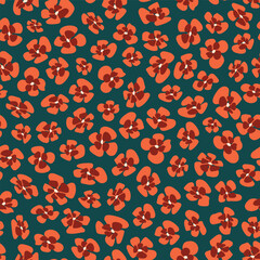 vector, seamless repeat, non directional pattern of small red poppies bloom on dark green blue background. 