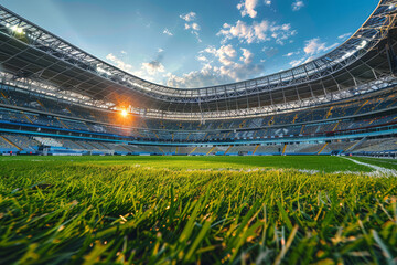 Close-up of a soccer ball on the lush green grass of a stadium, with the stands and bright sunlight in the background..