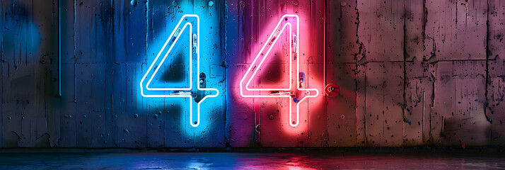 Neon light number 44 on concrete wall, colorful glow. - obrazy, fototapety, plakaty