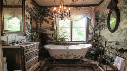 A French country bathroom with toile wallpaper, a clawfoot tub, and wrought iron chandeliers - obrazy, fototapety, plakaty