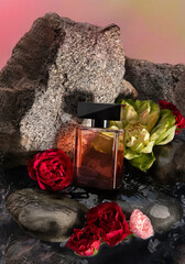 Mock up of elegant perfume bottle in the water among stones and flowers. Low key.Product mockup. Fragrance presentation