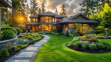 Luxury house with beautiful landscaping. Home exterior