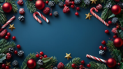 Fototapeta na wymiar Holiday's Background with Season Wishes and Border of Realistic Looking Christmas Tree Branches Decorated with Berries, Stars and Candy Canes.