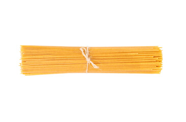 Raw spaghetti pasta tied with thread isolated on white background, top view
