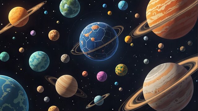 Cartoon solar system with bright planets on a dark cosmic background, including Earth with Saturn and Mars.
Concept: astronomy and space