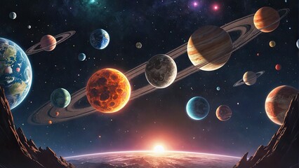 Cartoon solar system with bright planets on a dark cosmic background, including Earth with Saturn and Mars.
Concept: astronomy and space - obrazy, fototapety, plakaty