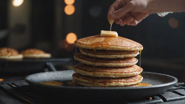 A stack of golden pancakes on a white plate, drizzled with honey and butter.
Concept: breakfast menus for cafes and restaurants, kitchen utensils.