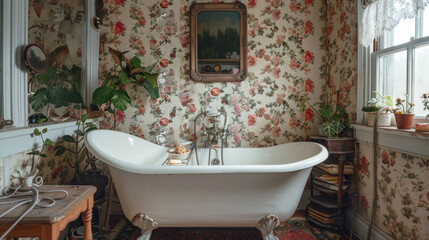 A cozy bathroom featuring a clawfoot bathtub, vintage fixtures, and floral wallpaper