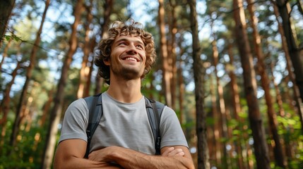 Obraz premium Smiling Man Enjoying a Sunny Day in the Forest