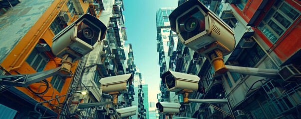 Craft a dynamic visual with surveillance cameras looming over a chaotic cityscape at a tilted angle Use bold contrasts and colors to provoke feelings of invasion and restriction on personal liberties - obrazy, fototapety, plakaty
