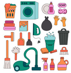 Cleaning Set Elements. Collection of cleaning tools. Washing machine. Cleaning products. Trash can. Vacuum cleaner. Vector Flat illustration.