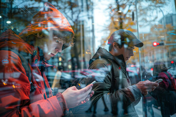 An absorbed commuter sits alone at a brightly lit bus stop, engaged with his smartphone, surrounded by the cool hues of city nightlife.