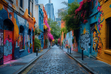 Fototapeta na wymiar Graffiti-Laden Street with Overhead Blooms in the City