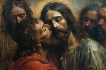 Kiss of Judas: pivotal moment of betrayal in the life of jesus christ, profound religious symbolism depicted in the bible, exploring themes of loyalty, deception, and redemption in christian theology - obrazy, fototapety, plakaty